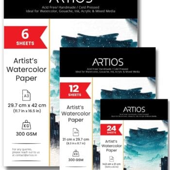 ARTIOS Artists' Watercolor Paper Combo - A3 (6 Sheets) + A4 (12 Sheets) + A5 (24 Sheets) 300 GSM 100% Cotton, Cold-Pressed, Handmade Papers for Watercolour, Acrylic, Gouache, Ink & Mixed Media